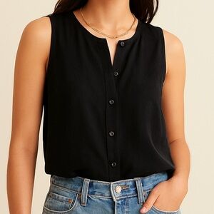 Black 100% Silk Sleeveless Button-Up Top / Blouse / Shirt